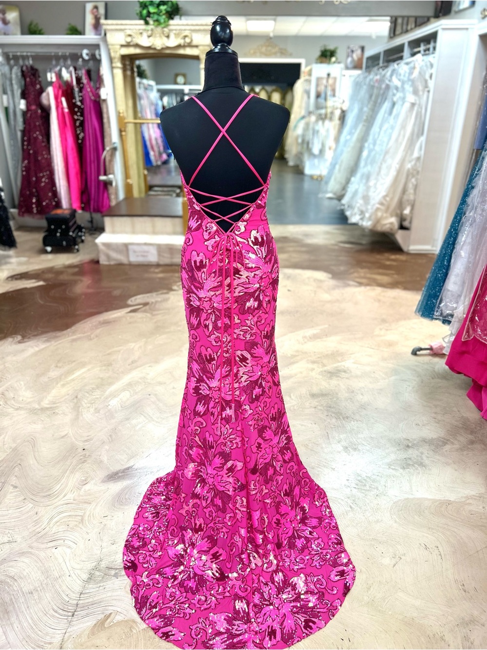 Jovani Hot Pink and Gold V-Neck Sequin Floral Prom Gown - Picture 3 of 6
